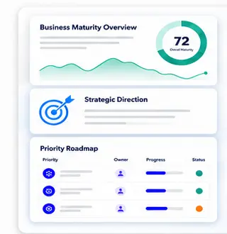 TPOS dashboard showing business maturity, strategic direction and a priority roadmap